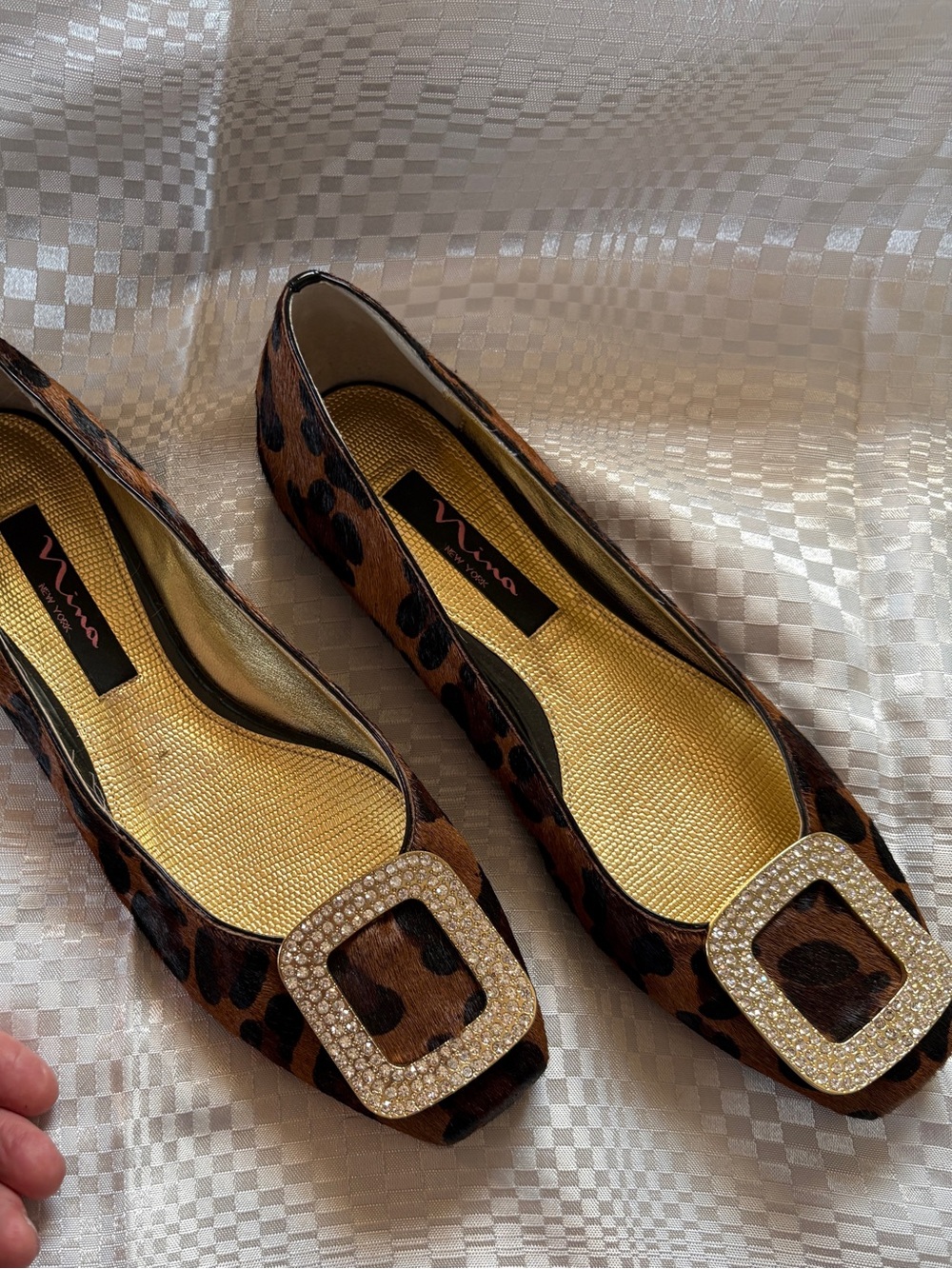 Nina Leopard-Print Animal Hair SquareToe Flats with Crystal/Rhinestone Buckle.